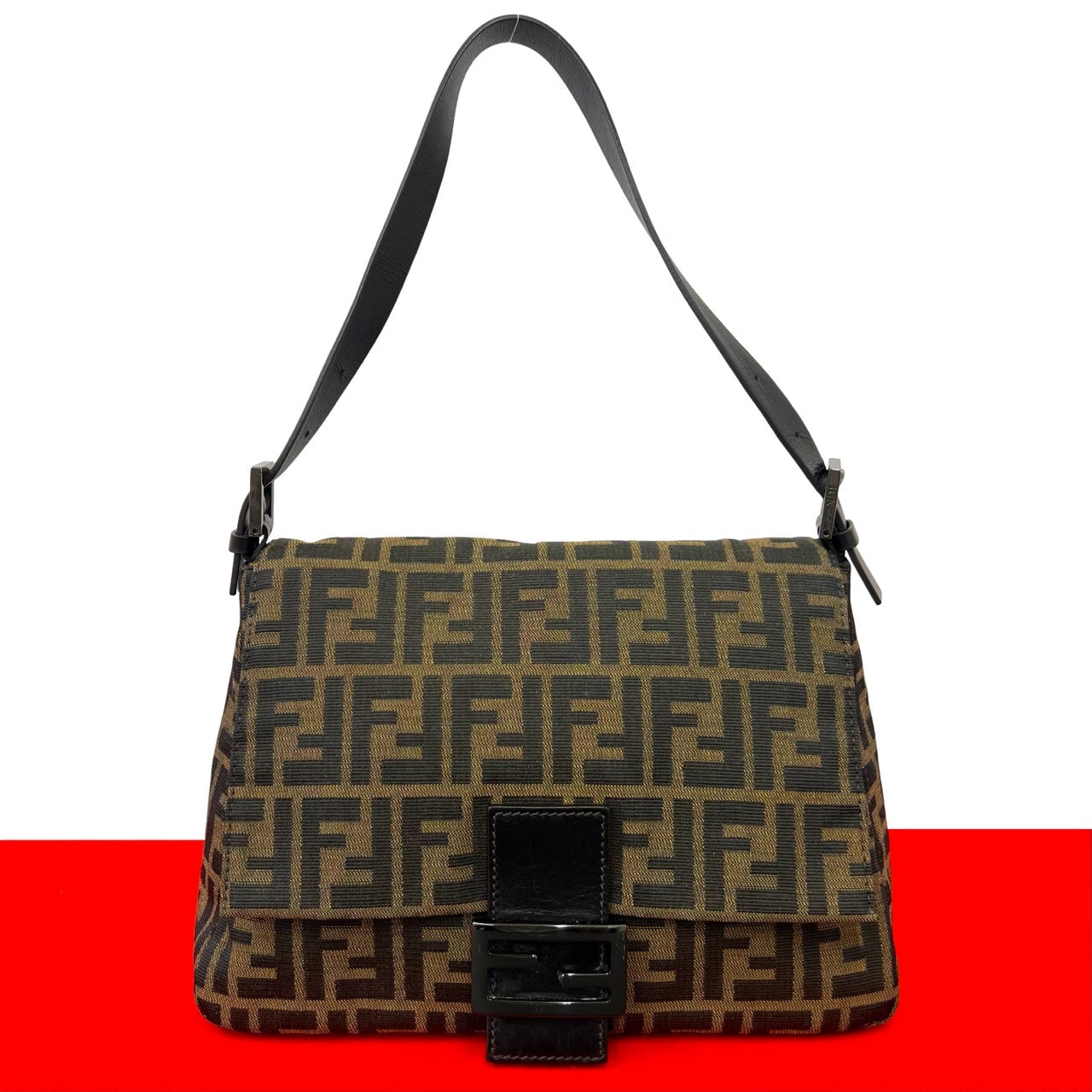 FENDI フェンディ マンマバケット ズッカ FF ロゴ 金具 キャンバス レザー ショルダーバッグ ブラック
 31662
