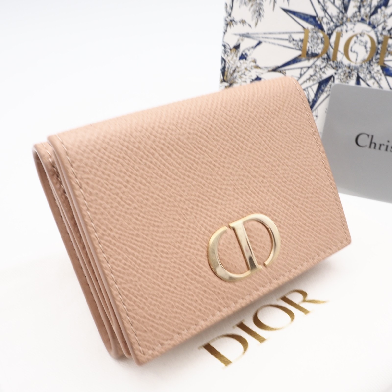 美品 Christian Dior クリスチャンディオール グレインドカーフスキン 30 モンテーニュ ロータスウォレット S2084OBAE 三つ折り財布 ベージュ グレインカーフレザー レディース