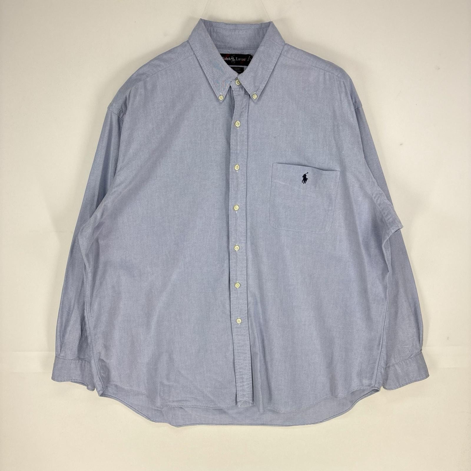 古着 ラルフローレン RALPH LAUREN 長袖シャツ BiG SHIRT 胸ポケット 刺繍ロゴ ボタンダウン XL  ブルー系 メンズ