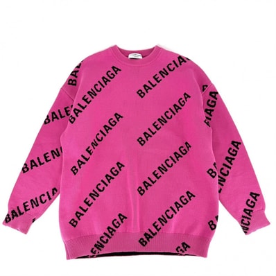 BALENCIAGA バレンシアガ ニット ロゴ総柄 オーバーサイズ クルーネックセーター トップス アパレル 服 XS 657528 ピンク ブラック 黒 コットン ポリエステル ウール ナイロン メンズ 秋 冬 美品【中古品】