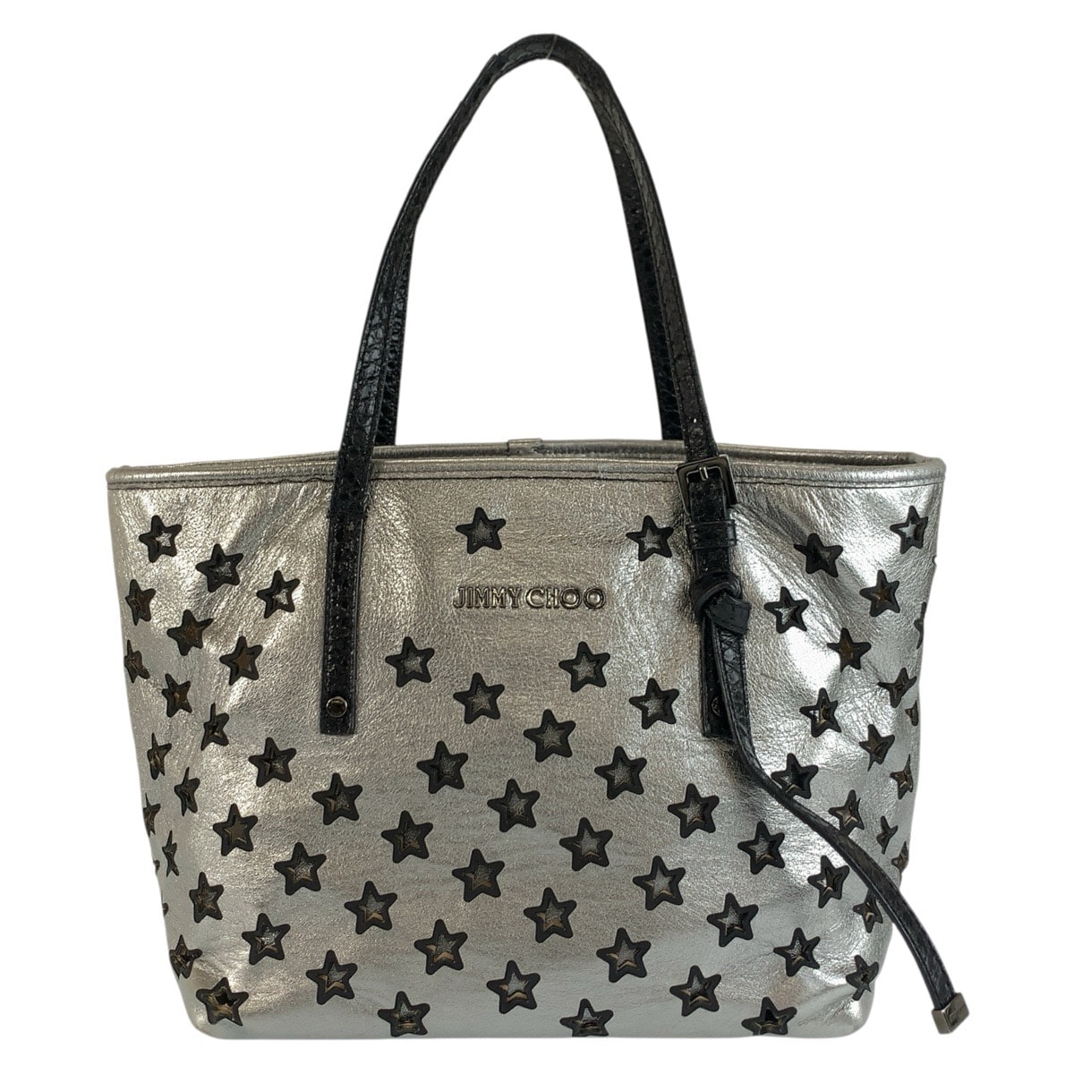 JIMMY CHOO ジミーチュウ スターパンチング シルバー ブラック レザー パイソン/ トートバッグ ハンドバッグ 1-0294325 【中古】
