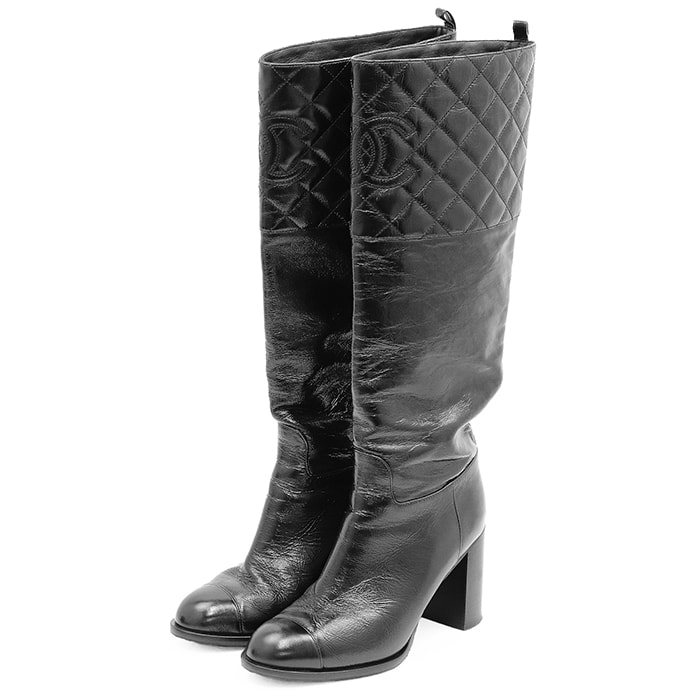 【極美品】CHANEL シャネル ロングブーツ サイズ 36C レディース G45200 マトラッセ レザー ロゴ COCOマーク ステッチ キャップトゥ シューズ 革靴 袋付属 ブラック 黒 イタリア製