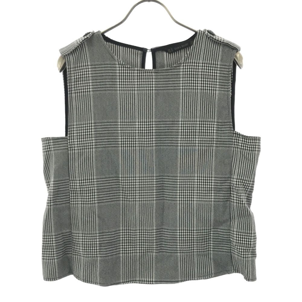 ZARA BASIC ザラベーシック チェック 千鳥格子 ノースリーブ カットソー M グレー系 バックホール ベルト