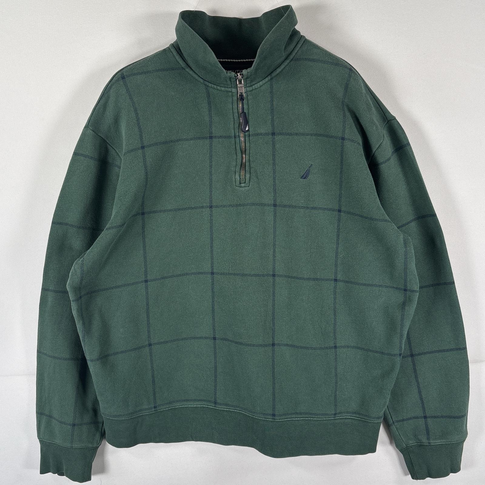 古着 ノーティカ NAUTICA スウェット ハーフジップ トレーナー ワンポイントロゴ刺繍 チェック L  グリーン メンズ