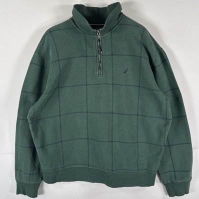 古着 ノーティカ NAUTICA スウェット ハーフジップ トレーナー ワンポイントロゴ刺繍 チェック L グリーン メンズ