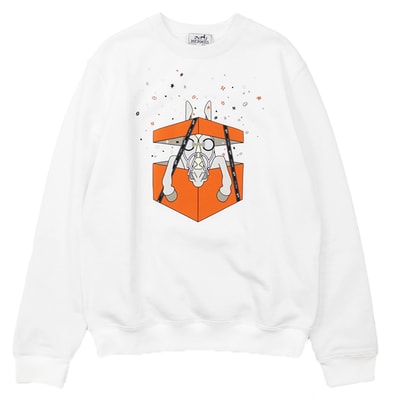 【美品】HERMES エルメス スウェット サイズ M メンズ 24SS Boite Surprise ボワット・シュルプリーズ ホース プリント クルーネック フリース トレーナー 長袖 ロングスリーブ トップス タグ付属 ホワイト 白 イタリア製