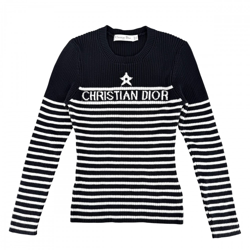 Christian Dior クリスチャンディオール ニット ボーダー Dioriviera セーター トップス アパレル 服 36 ネイビー 紺 ホワイト 白 コットン    レディース 春 秋 冬 美品【中古品】