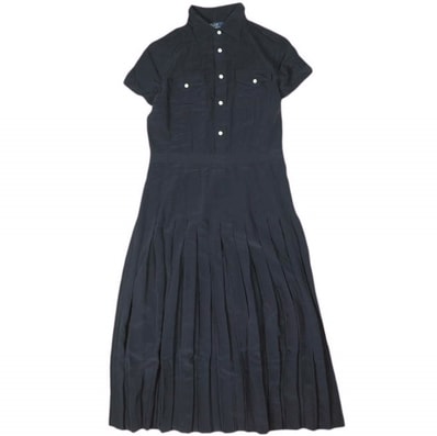 POLO RALPH LAUREN ポロ・ラルフローレン シルク クレープ プリーテッド シャツドレス 2 NAVY 半袖 ワンピース 定価86,900円 トップス g26725