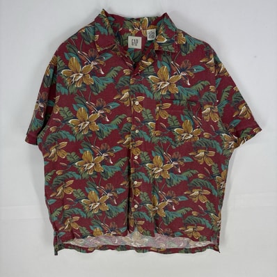 古着 ギャップ GAP 半袖シャツ 胸ポケット アロハ ハワイアン ショートスリーブ 花柄 M レッド系 総柄 メンズ