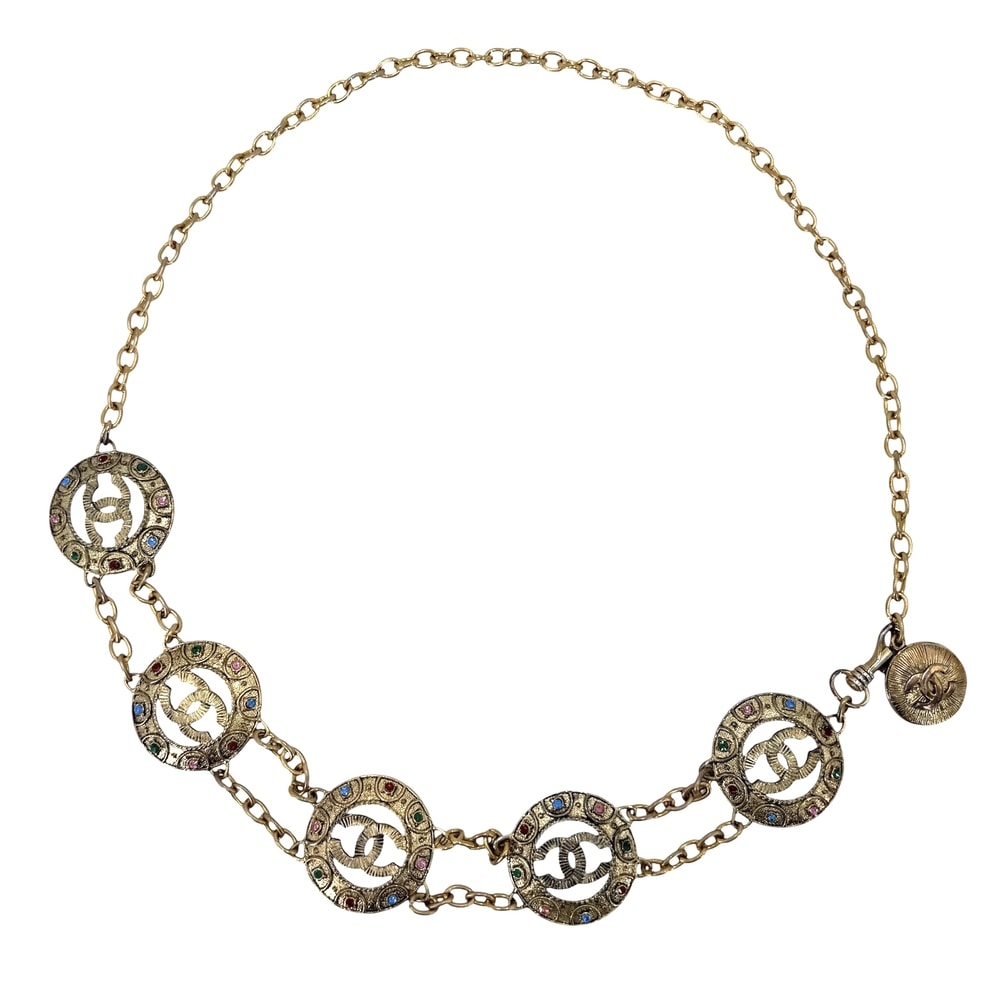 CHANEL シャネル ベルト メダル チェーンベルト ファッションアイテム 小物 ココマーク GP  ラインストーン   ゴールド マルチカラー レディース【中古品】