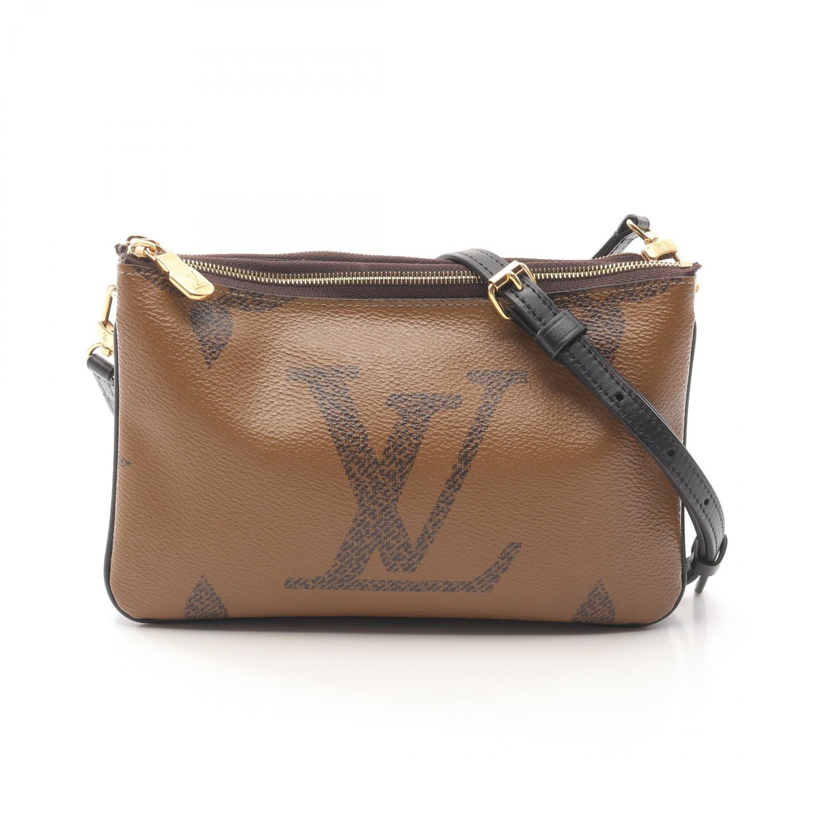 ルイ・ヴィトン LOUIS VUITTON ポシェット ドゥーブル ジップ ショルダーバッグ バッグ PVCコーティングキャンバス レザー モノグラム・ジャイアントリバース ベージュ レディース ブラウン系 / ベージュ系 M69203 【中古】