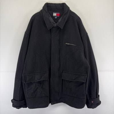 古着 90's/90年代 トミーヒルフィガー TOMMY HILFIGER ジャケット フルジップ 大きいサイズ カバーオール ウール 2XL ブラック メンズ