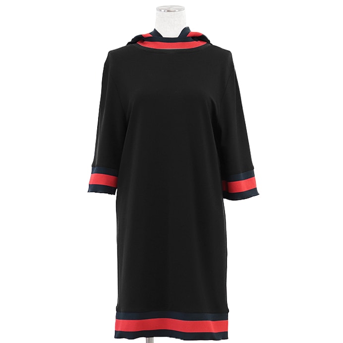 美品 グッチ シェリーライン ストレッチジャージー フーディー パーカー ワンピース レディース ブラック レッド ネイビー S GUCCI