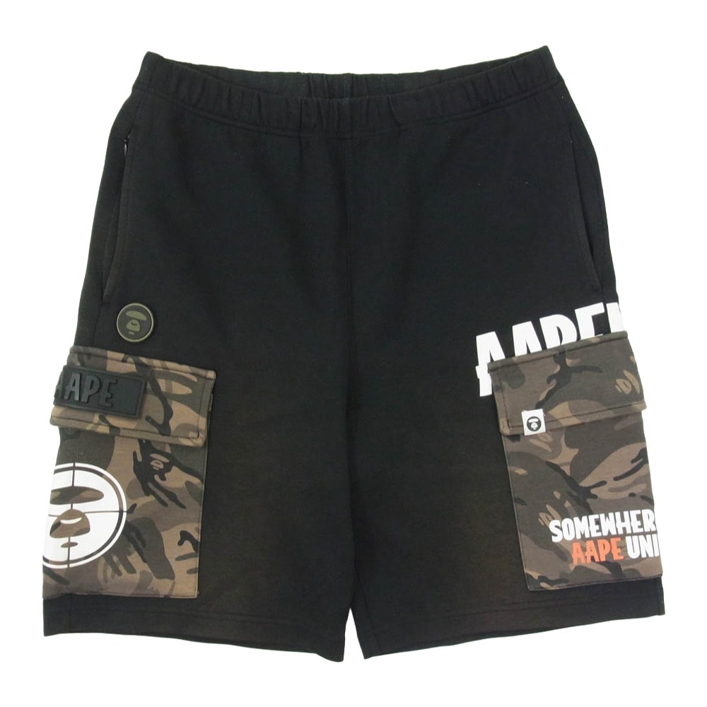 A BATHING APE アベイシングエイプ AAPSPM6630XXE AAPE エーエイプ カモフラージュ 迷彩柄ポケット スウェット カーゴ ショート パンツ ブラック系 M【中古】
