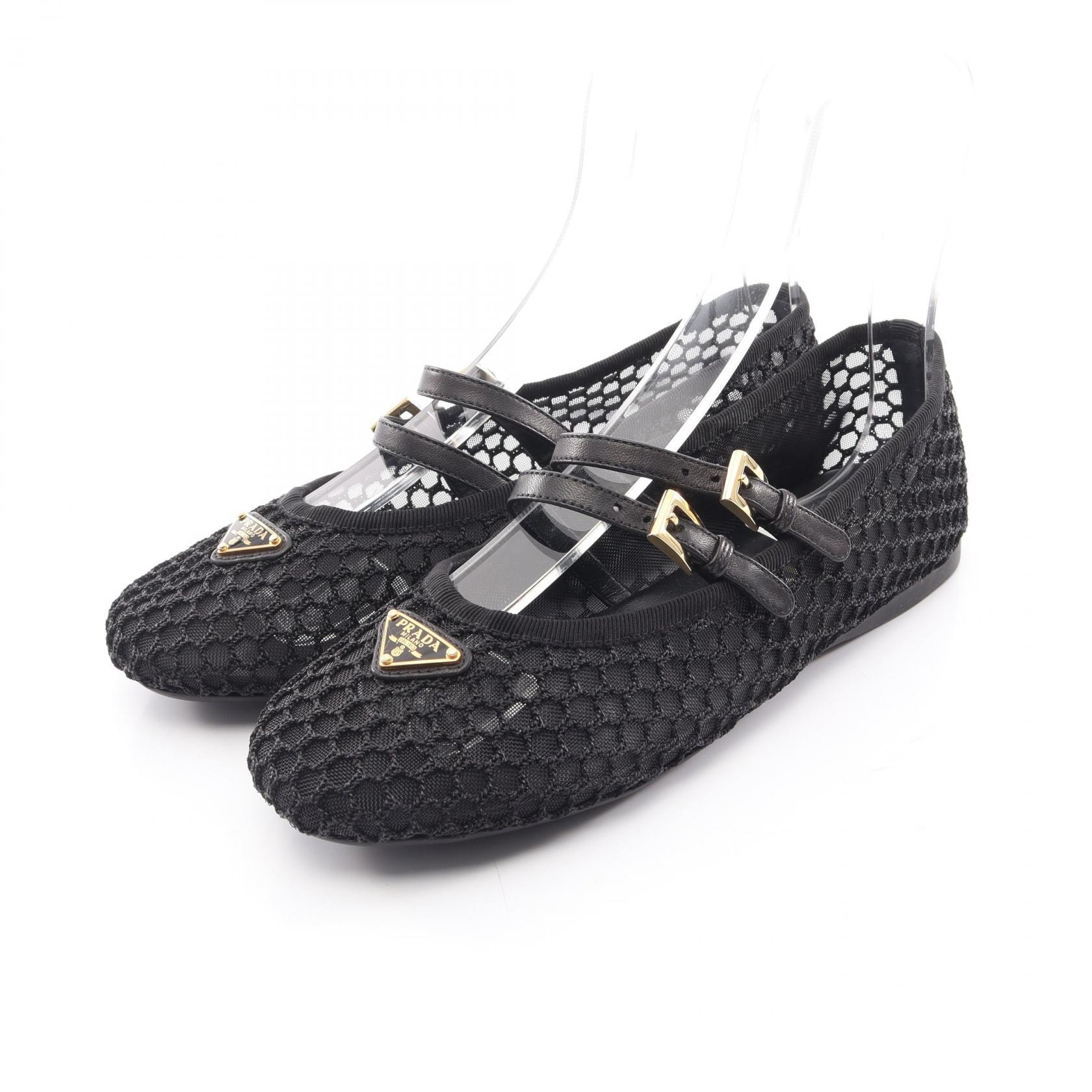 プラダ PRADA マクラメ メッシュ パンプス 靴 レザー ファブリック レディース ブラック系 【中古】