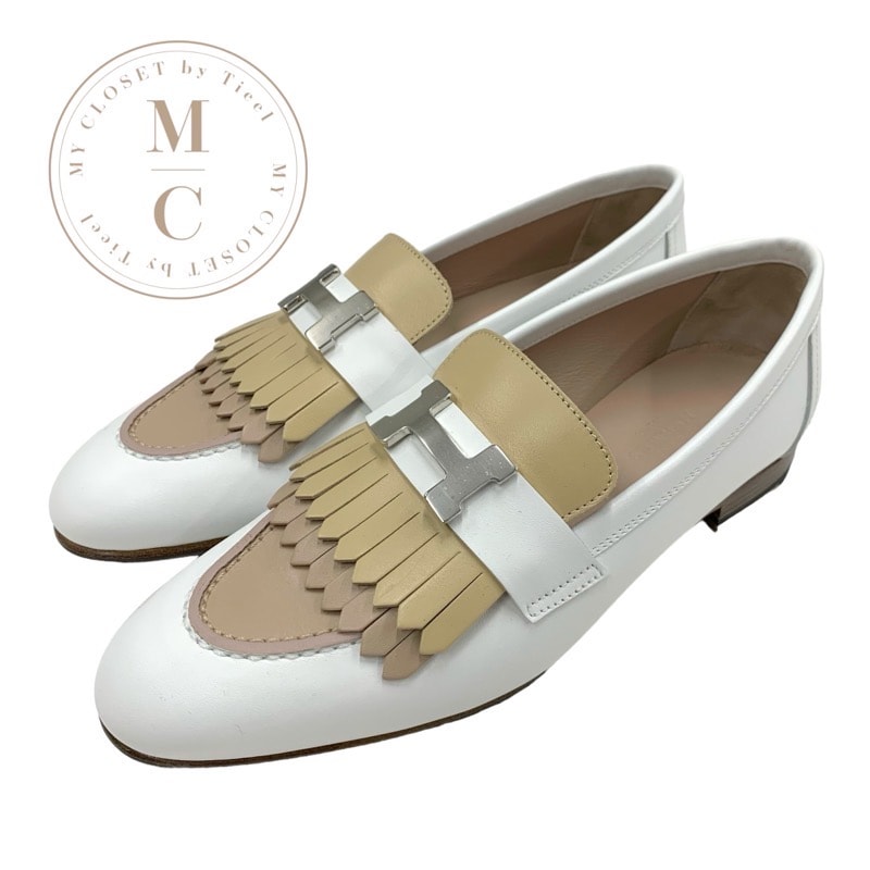 エルメス HERMES ロワイヤル ローファー 革靴 靴 シューズ レザー ホワイト ベージュ シルバー モカシン フラットシューズ H金具 フリンジ