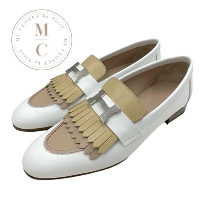 エルメス HERMES ロワイヤル ローファー 革靴 靴 シューズ レザー ホワイト ベージュ シルバー モカシン フラットシューズ H金具 フリンジ