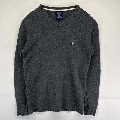 古着 ポロ・ラルフローレン POLO RALPH LAUREN 長袖Tシャツ Vネック サーマル ワッフル ワンポイントロゴ M グレー系 メンズ