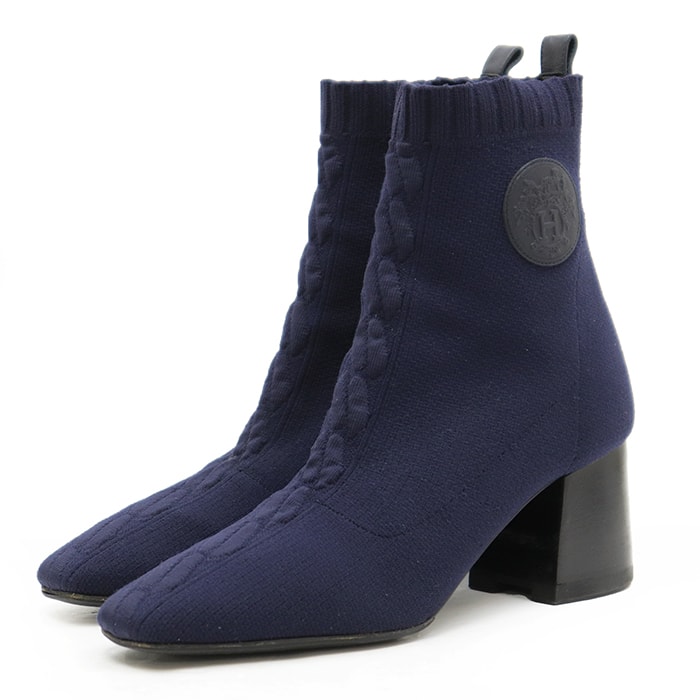 【極美品】HERMES エルメス ブーツ サイズ 36 1/2 レディース ニット Hロゴ エンブレム レザーパッチ ブロックヒール シューズ 靴 箱・袋付属 ネイビー 紺 イタリア製