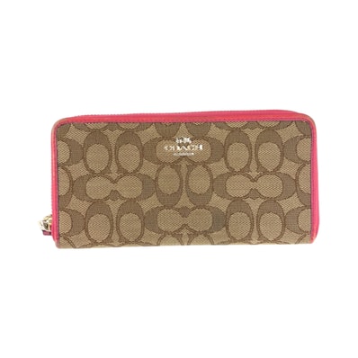 COACH コーチ シグネチャー ベージュ ピンク ゴールド金具 キャンバス レザー/ 長財布 ラウンドファスナー 600289 【中古】