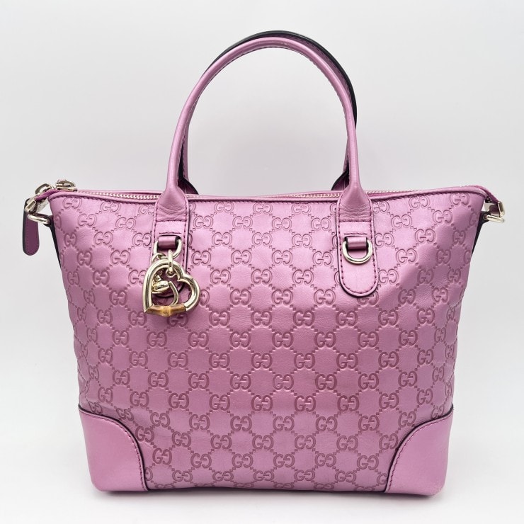 GUCCI(グッチ)グッチシマ ハートチャーム トートバッグ ピンク レザー GGエンボス ゴールド金具 ハンドバッグ レディース 【中古】