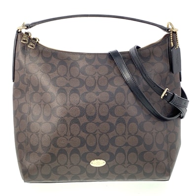 COACH コーチ シグネチャー セレスト コンバーチブル ホーボー 2WAY ショルダーバッグ F34910 PVCコーティングキャンバス レザー ブラウン レディース【中古】