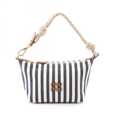 ミュウ ミュウ Miu Miu CANNETTE’ RIGHE ストライプ ハンドバッグ バッグ キャンバス レザー レディース ホワイト系 / ネイビー系 / ブラウン系 5NE841 【中古】