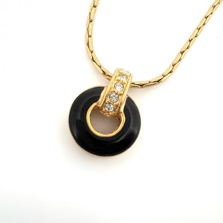 クリスチャンディオール ラウンド サークル ネックレス ブラック ゴールド GP ラインストーン Christian Dior 正規品【鑑定済み】