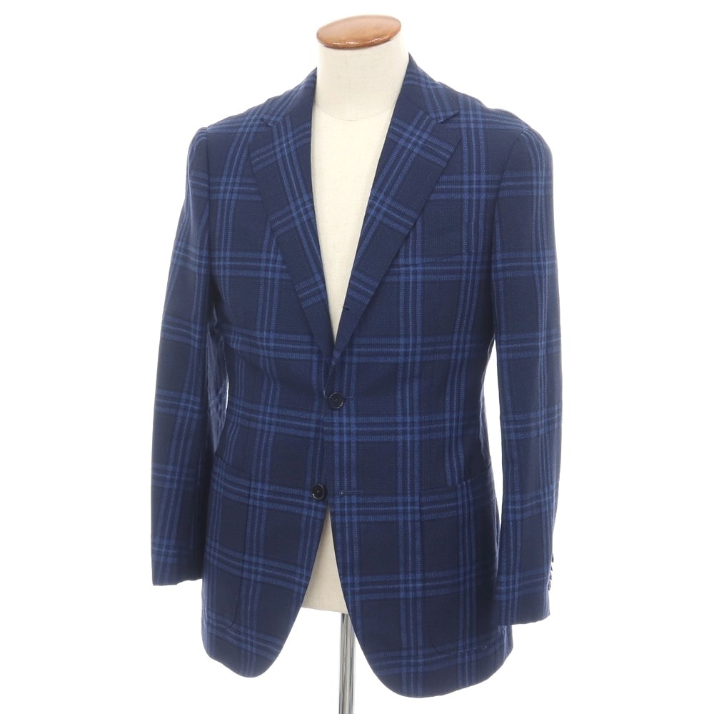 【中古】ビームスエフ BEAMS F ウール チェック 3B テーラードジャケット ネイビーxブルー【サイズ48】【メンズ】