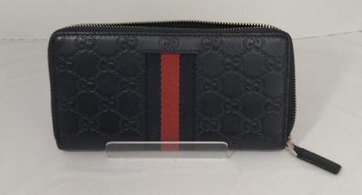 GUCCI New Web Leather Zip Around Wallet "Blue"