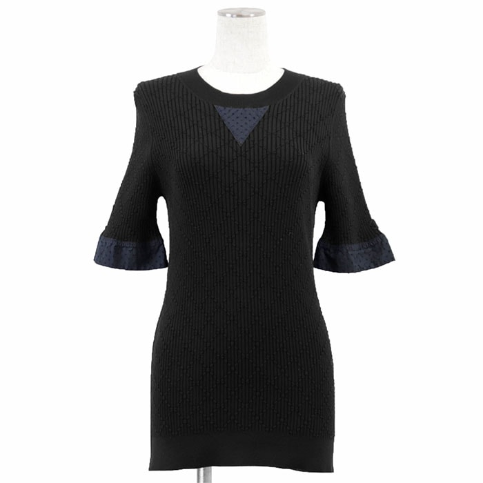 【新品同様】CHANEL シャネル ニット マトラッセ P45606 2013年製 COCOマーク ロゴ エンブロイダリー 刺繍 ハイゲージ リブ ダイヤモンドステッチ ハーフスリーブ チュニック丈 コットン / ラミー100% レディース 42 黒 伊製
