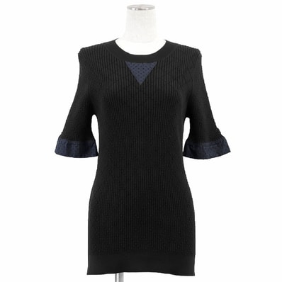 【新品同様】CHANEL シャネル ニット マトラッセ P45606 2013年製 COCOマーク ロゴ エンブロイダリー 刺繍 ハイゲージ リブ ダイヤモンドステッチ ハーフスリーブ チュニック丈 コットン / ラミー100% レディース 42 黒 伊製