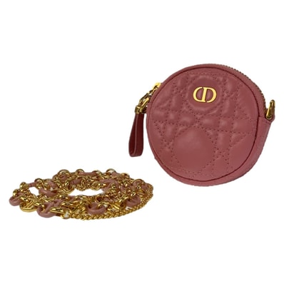 美品 Dior ディオール カナージュ カロ ミニラウンド ピンク ゴールド金具 レザー ショルダーバッグ ポーチ 503318 【中古】