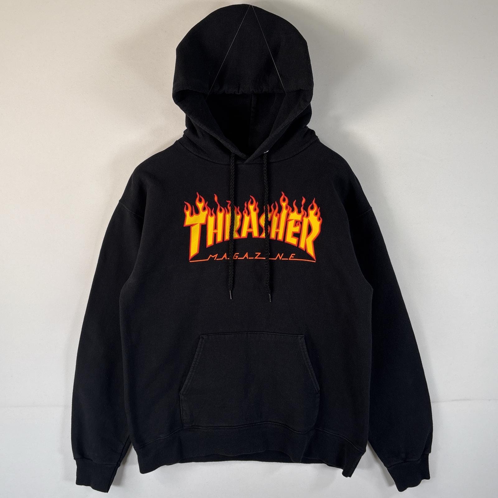 古着 スラッシャー THRASHER パーカー ビッグロゴプリント プルオーバー フーディ フード紐 マフポケット S  ブラック メンズ