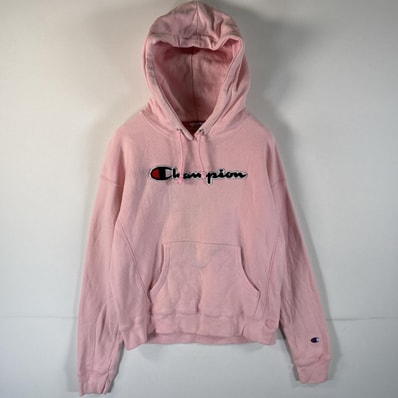 古着 チャンピオン Champion パーカー リバースウィーブ ワンポイントロゴ刺繍 ワッペン 短丈 ショート丈 MEDIUM ピンク レディース