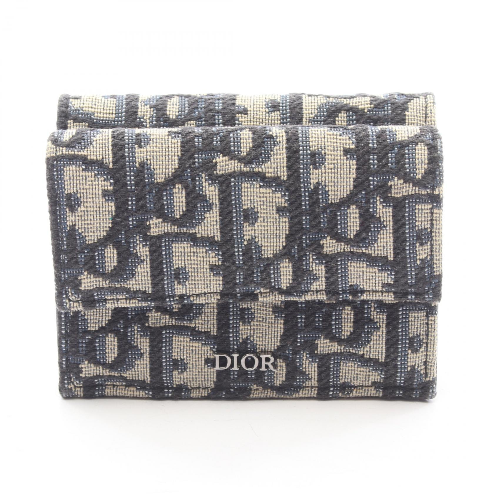 ディオール Dior オブリークジャガード 三つ折り財布 財布 キャンバス レザー レディース ベージュ系 / ネイビー系 2OBBC110YSE_H05E 【中古】