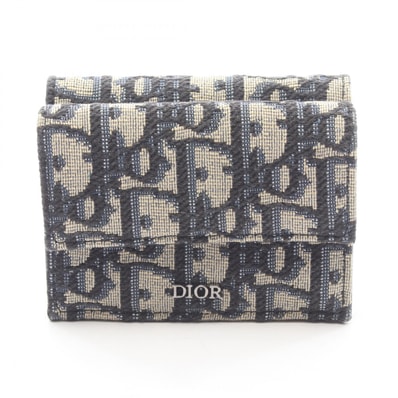ディオール Dior オブリークジャガード 三つ折り財布 財布 キャンバス レザー レディース ベージュ系 / ネイビー系 2OBBC110YSE_H05E 【中古】