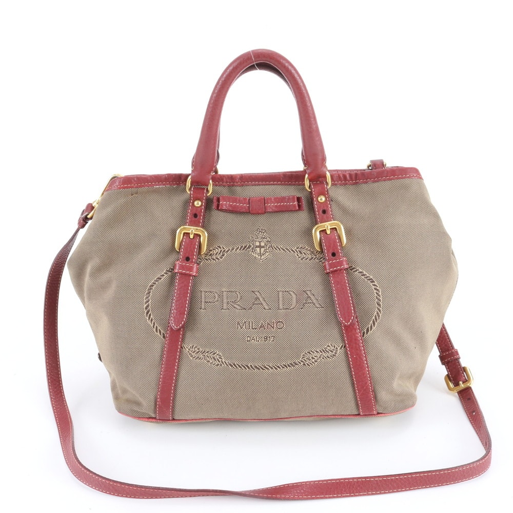 プラダ ロゴ ジャガードショルダーバッグ レザー×キャンバス