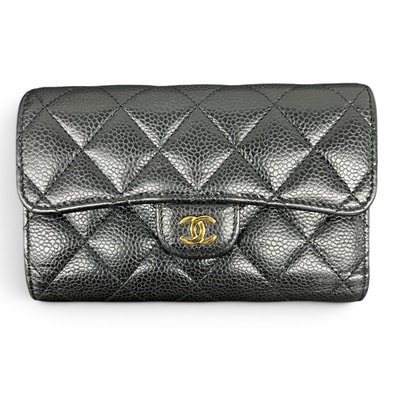CHANEL 極美品 シャネル マトラッセ クラシック ミディアム フラップウォレット 三つ折り財布 AP0232 キャビアスキン 新型シリアルシール ブラック レザー ゴールド金具 Aランク 中古 鑑定済 シャネル財布