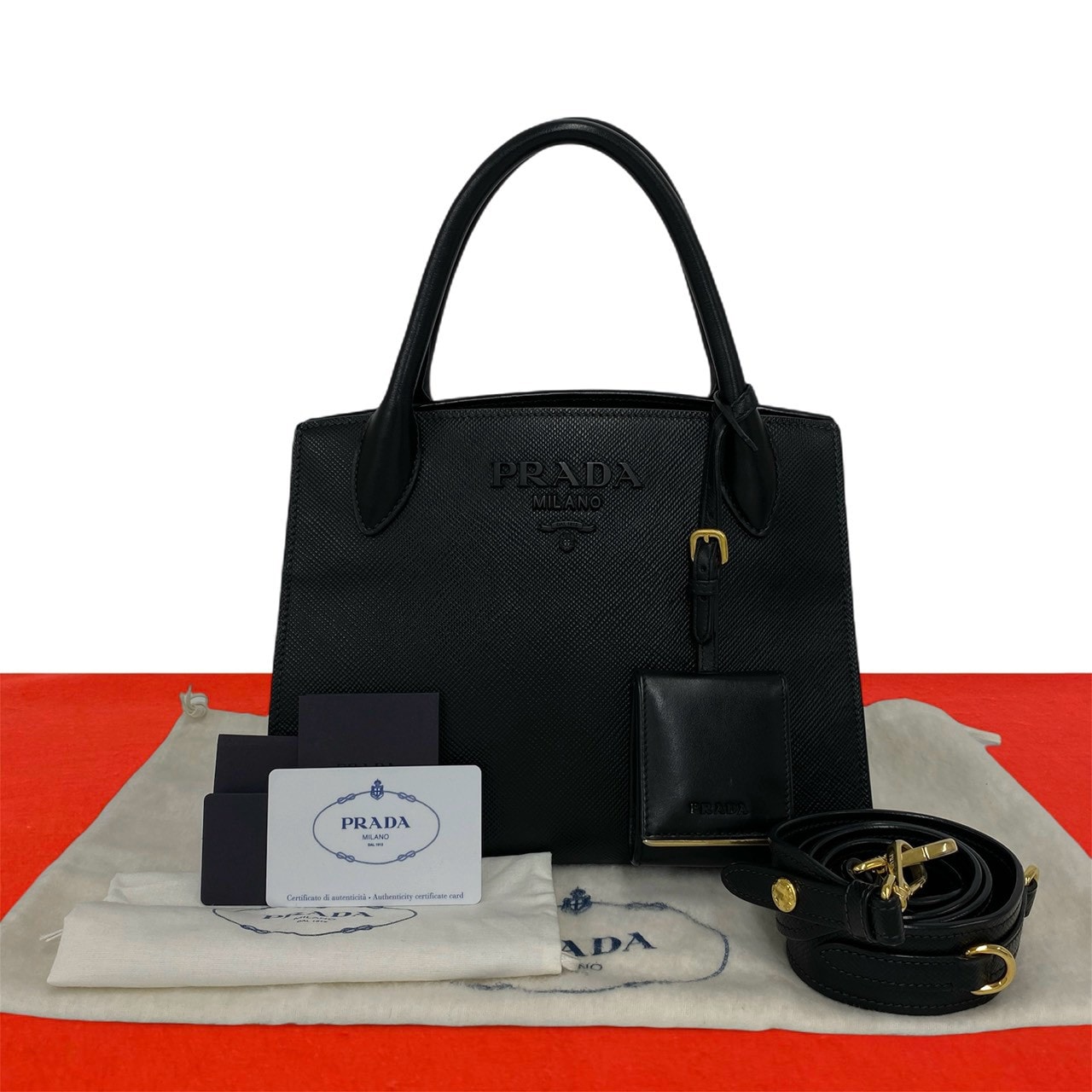 PRADA プラダ モノクローム ロゴ 金具 レザー ショルダーバッグ ブラック
 35192