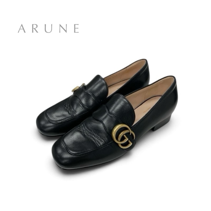 グッチ GUCCI ローファー 革靴 靴 シューズ レザー ブラック 黒 ゴールド ダブルG GGマーモント
