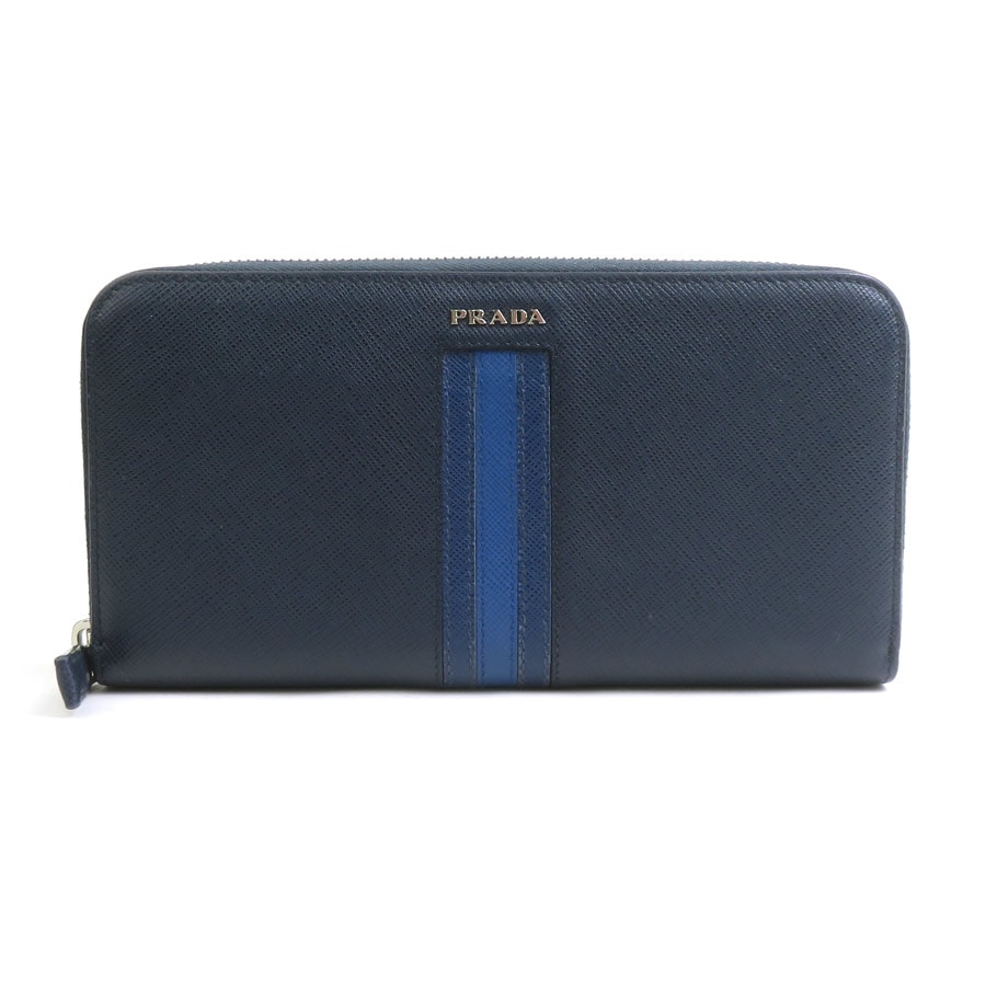 プラダ PRADA ラウンドファスナー長財布 レザー ネイビー メンズ【中古】 r11457a