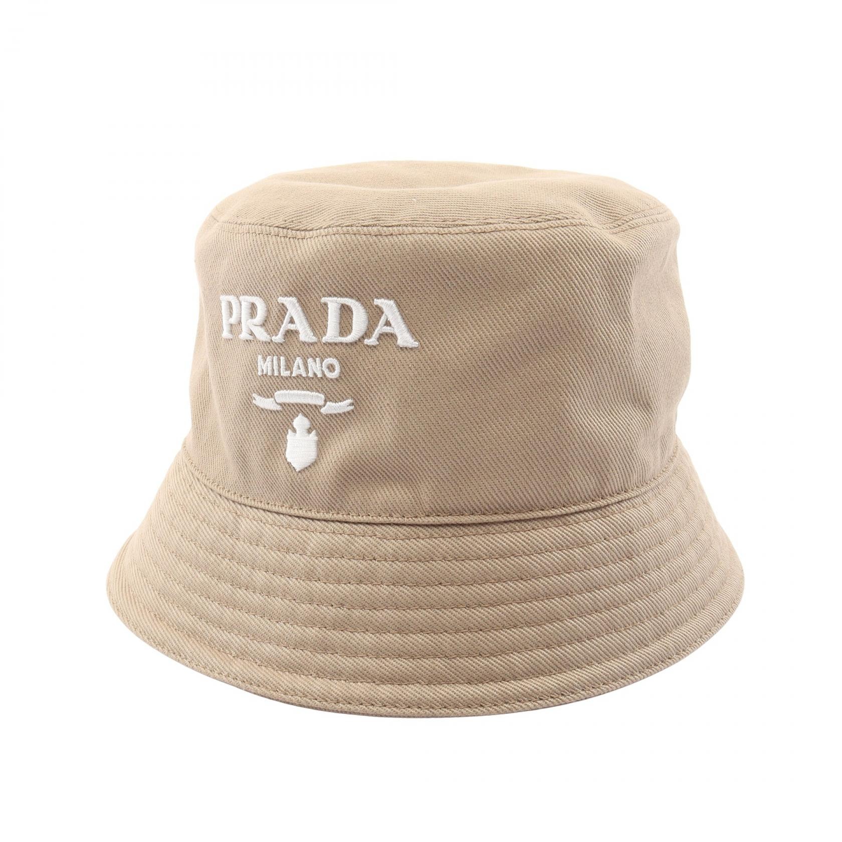 プラダ PRADA ロゴ刺繍 ハット 帽子 コットン レディース ベージュ系 1HC137 【中古】