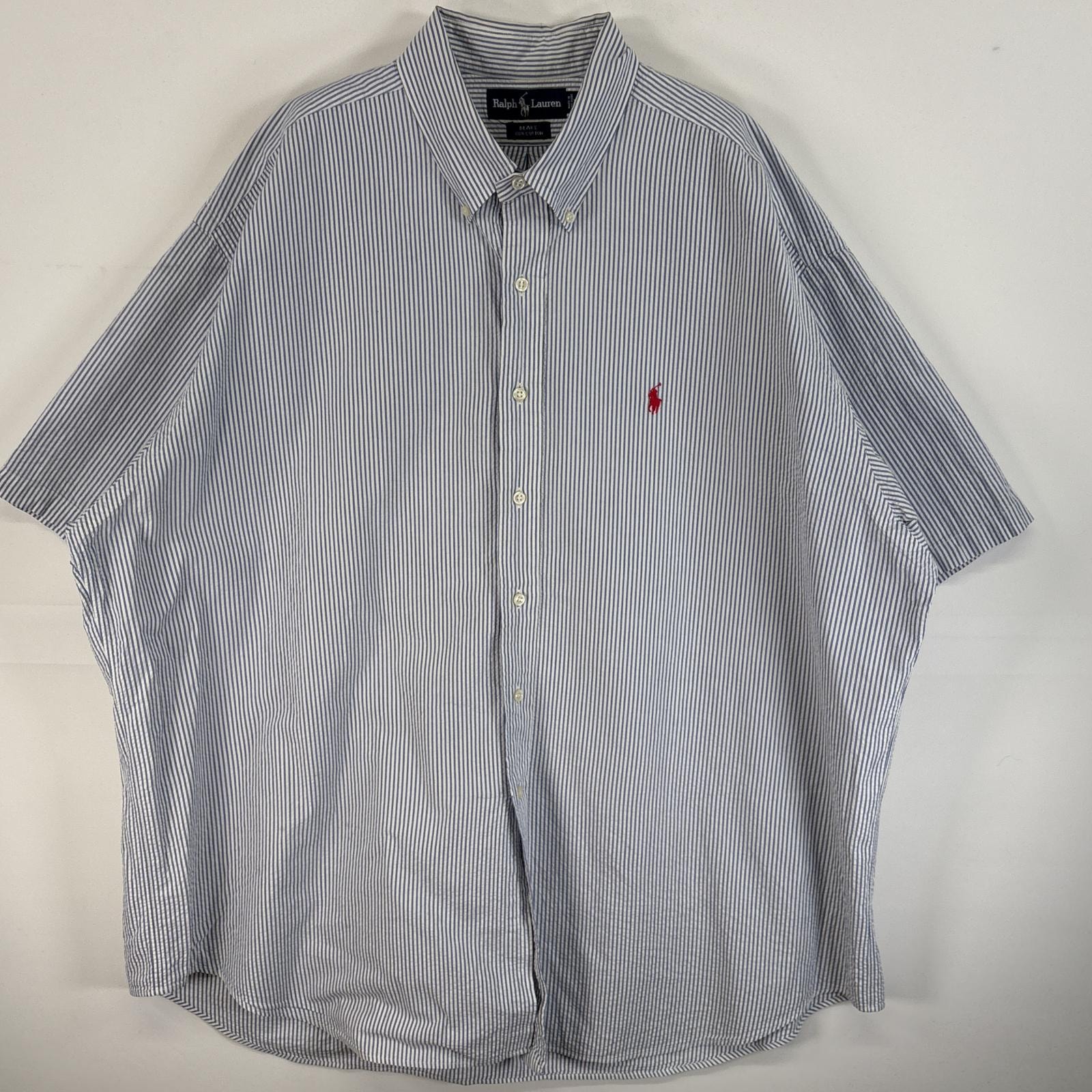 古着 90's/90年代 ラルフローレン RALPH LAUREN シアサッカー 半袖シャツ ロゴ 刺繍 大きいサイズ ボタンダウンシャツ 14041  水色系 ストライプ メンズ