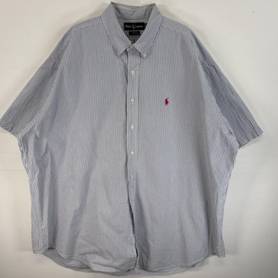 古着 90's/90年代 ラルフローレン RALPH LAUREN シアサッカー 半袖シャツ ロゴ 刺繍 大きいサイズ ボタンダウンシャツ 14041 水色系 ストライプ メンズ