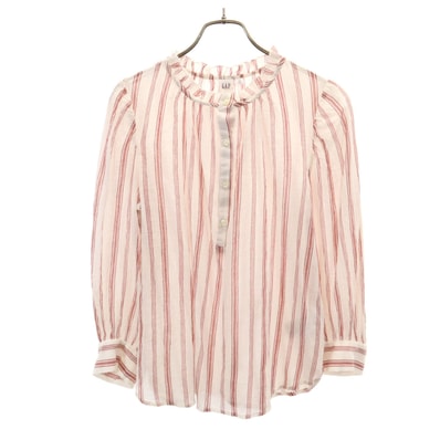 GAP ギャップ ストライプ柄 長袖 ハーフボタン ブラウス XS レッド系 シアサッカー