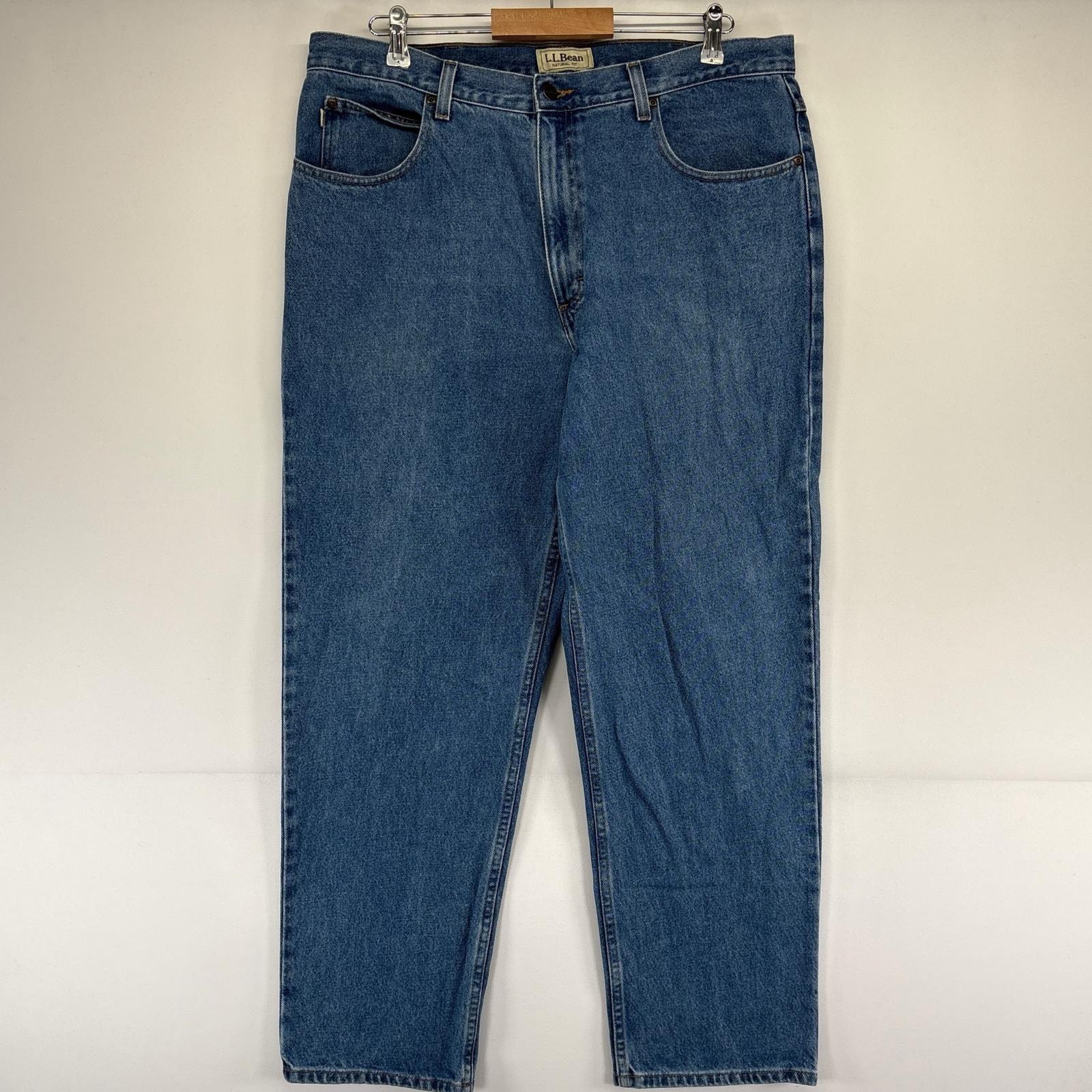 古着 エルエルビーン L.L.Bean パンツ テーパード 5ポケット レザーパッチ ジーパン w38×L30  ブルー系 メンズ