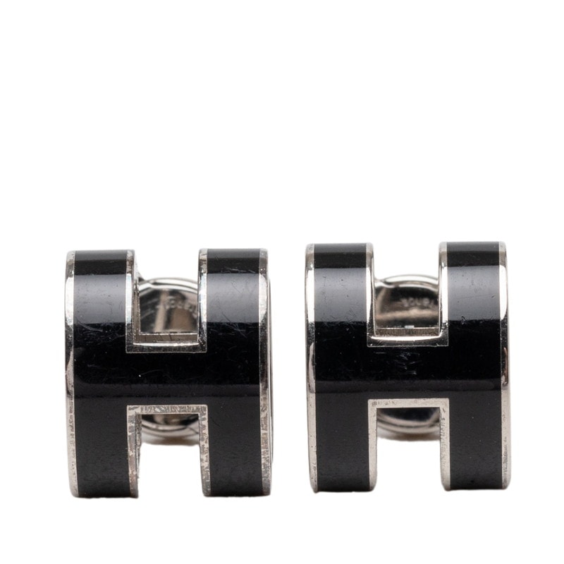エルメス ミニ ポップH スタッドピアス ブラック シルバー メタル レディース HERMES 【中古】