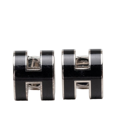 エルメス ミニ ポップH スタッドピアス ブラック シルバー メタル レディース HERMES 【中古】