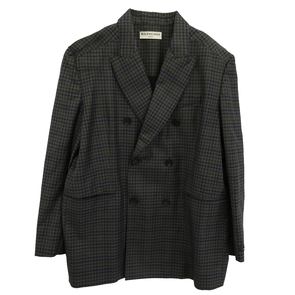 BALENCIAGA バレンシアガ ジャケット 17SS 470537 TVI22 チェック ピークドラペル ダブル ウール テーラード ジャケット グレー系 38【中古】